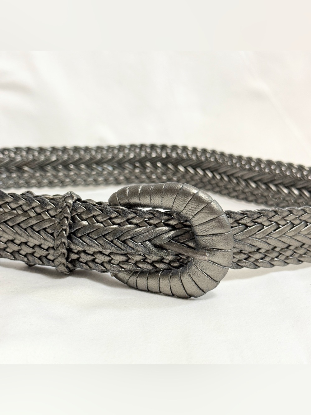 Vintage Metallic Silver Braided Belt Boho Woven Round Buckle S/M